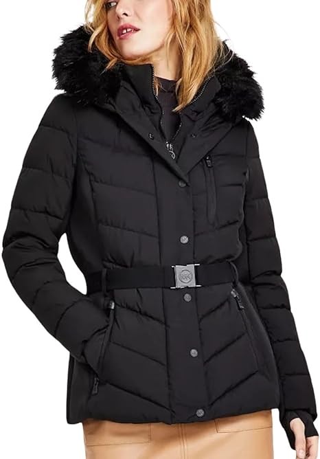 Michael Michael Kors Women's Faux Fur Hooded Puffer Scuba Belted Coat Jacket Black