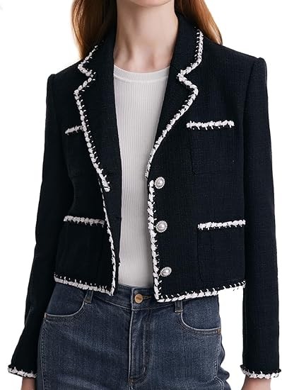 GOELIA Tweed Blazers for Women Work Business Casual, Black Knit Blazer Cropped Jacket for Women