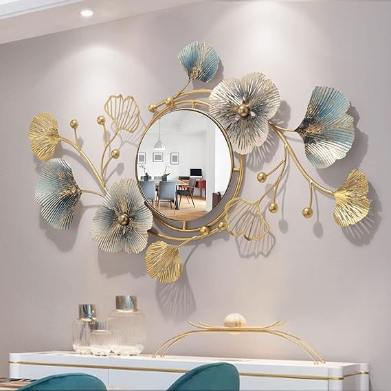 Metal Wall Mirrors Decor for Living Room Ginkgo Leaf Design 47" Big Wall-Mounted Mirrors Large Wall Decor for Entryway Vanity Bedroom Living Room Bathroom