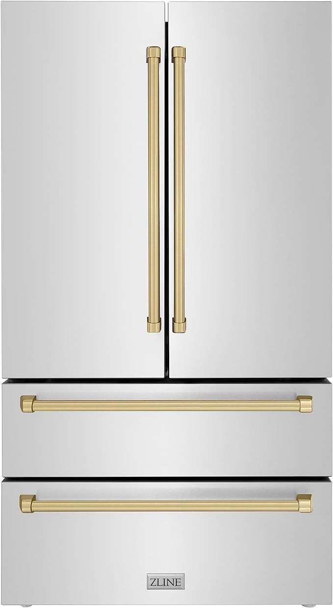 ZLINE 36" Autograph Edition 22.5 cu. ft Freestanding French Door Refrigerator with Ice Maker in Fingerprint Resistant Stainless Steel with Champagne Bronze Accents (RFMZ-36-CB)