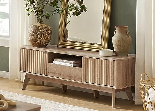 mopio Brooklyn Mid-Century Modern TV Stand, for TVs up to 50” Waveform Panel, Sleek Curved Profile with Adjustable Shelf and Sturdy Box Frame Leg (Golden Oak, 57")