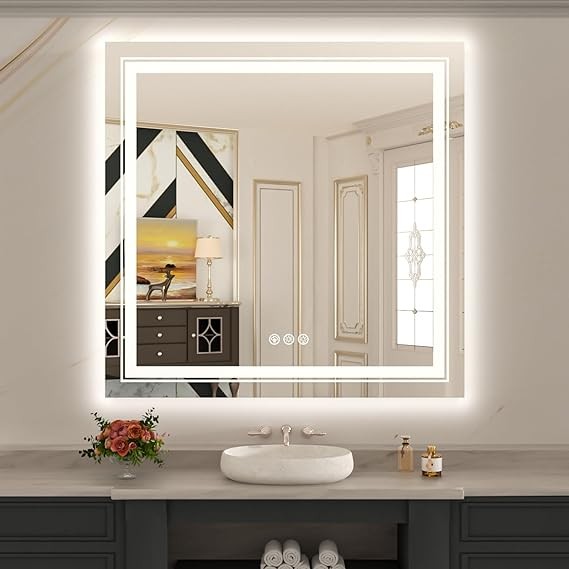 WTTY LED Bathroom Mirror 36"x36" with Backlit and Front Light,Stepless Dimmable LED Mirror for Bathroom,Anti-Fog Lighted Bathroom Vanity Mirror Modern,Memory Function,Shatter-Proof