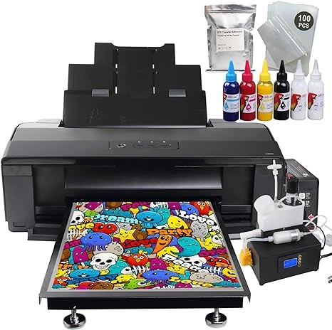 A3+ DTF T-Shirts L1800 Printer+Timed White Ink Cycle Machine for Fabrics, Leather, Toys, Swimwear, Handicrafts, Pillow, Other Textile.(DTF Printer + 6X 100ml Ink+100pcs PET Film+1BAG Powder), Black