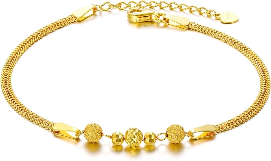SISGEM Solid 18k Yellow Gold Bead Bracelet for Women, Real18 Karat Gold Jewelry Gifts for Her, (2.3 mm Wide Chain, 6.5-7.7 Inch)