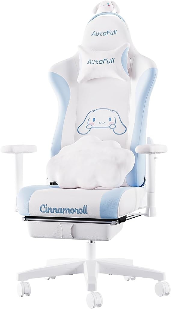 AutoFull Cinnamoroll Gaming Chair High Back Ergonomic Office Desk Computer Chair with Lumbar Support, Racing Style PU Leather Task Chair with Footrest, White & Blue